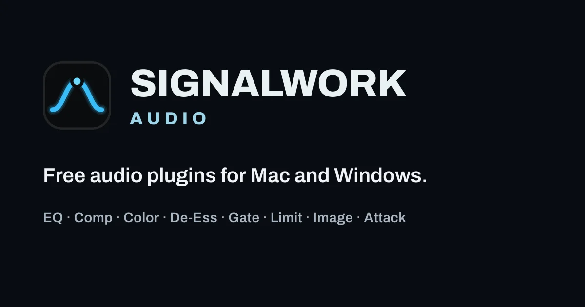 Signalwork Audio Suite artwork listing EQ, Comp, Color, De-Ess, Gate, Limit, Image, and Attack