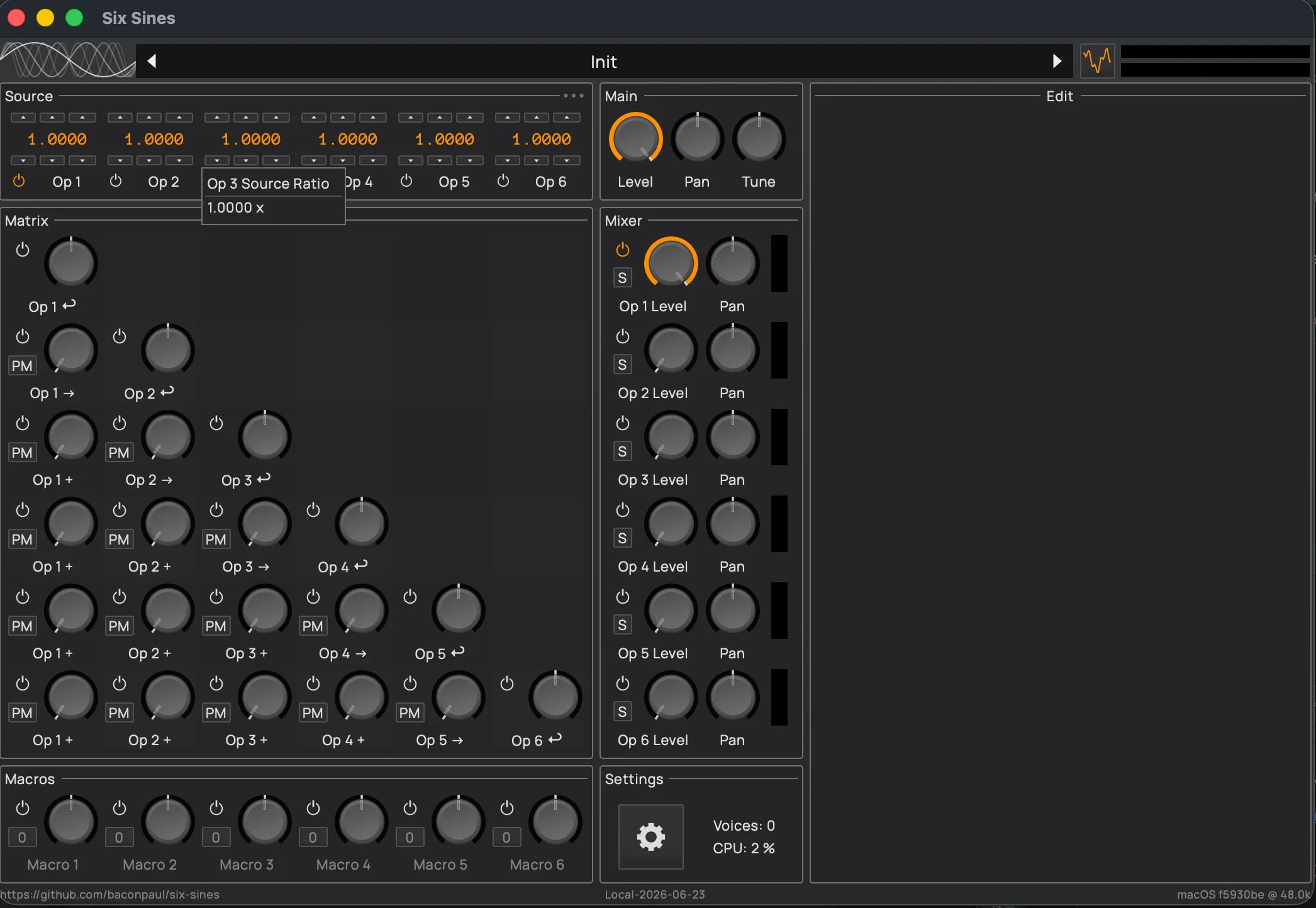 Six Sines FM synth plugin interface by BaconPaul