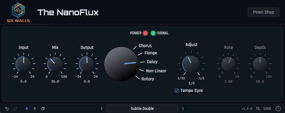 The NanoFlux multi-effect plugin interface by Six Walls, showing Input, Mix, Output, mode selection, Adjust control, and Tempo Sync