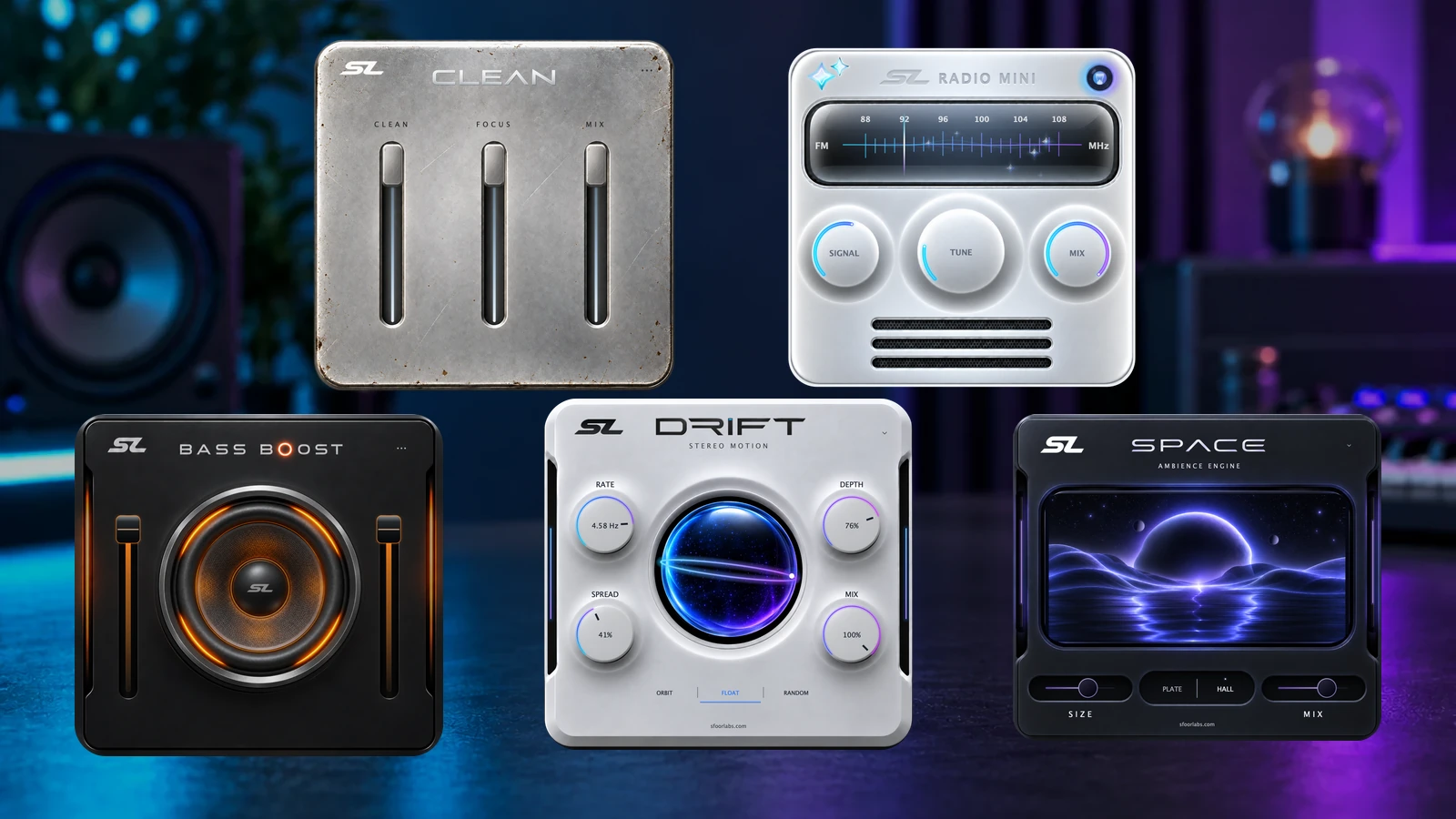 SL Free Plugins Collection interfaces for Clean, Radio Mini, Bass Boost, Drift, and Space