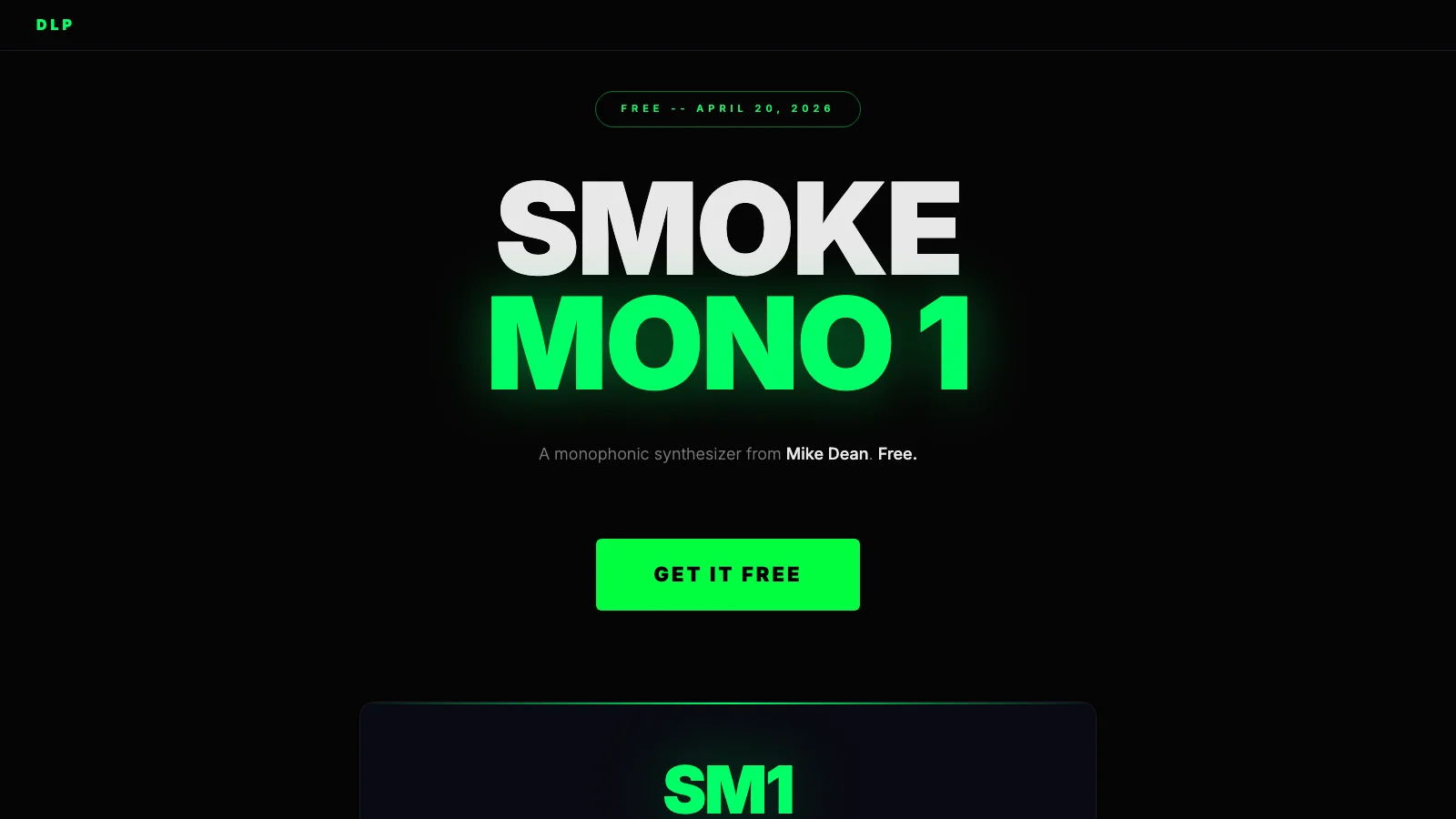Smoke Mono 1 monosynth interface on the official DLP Audio landing page