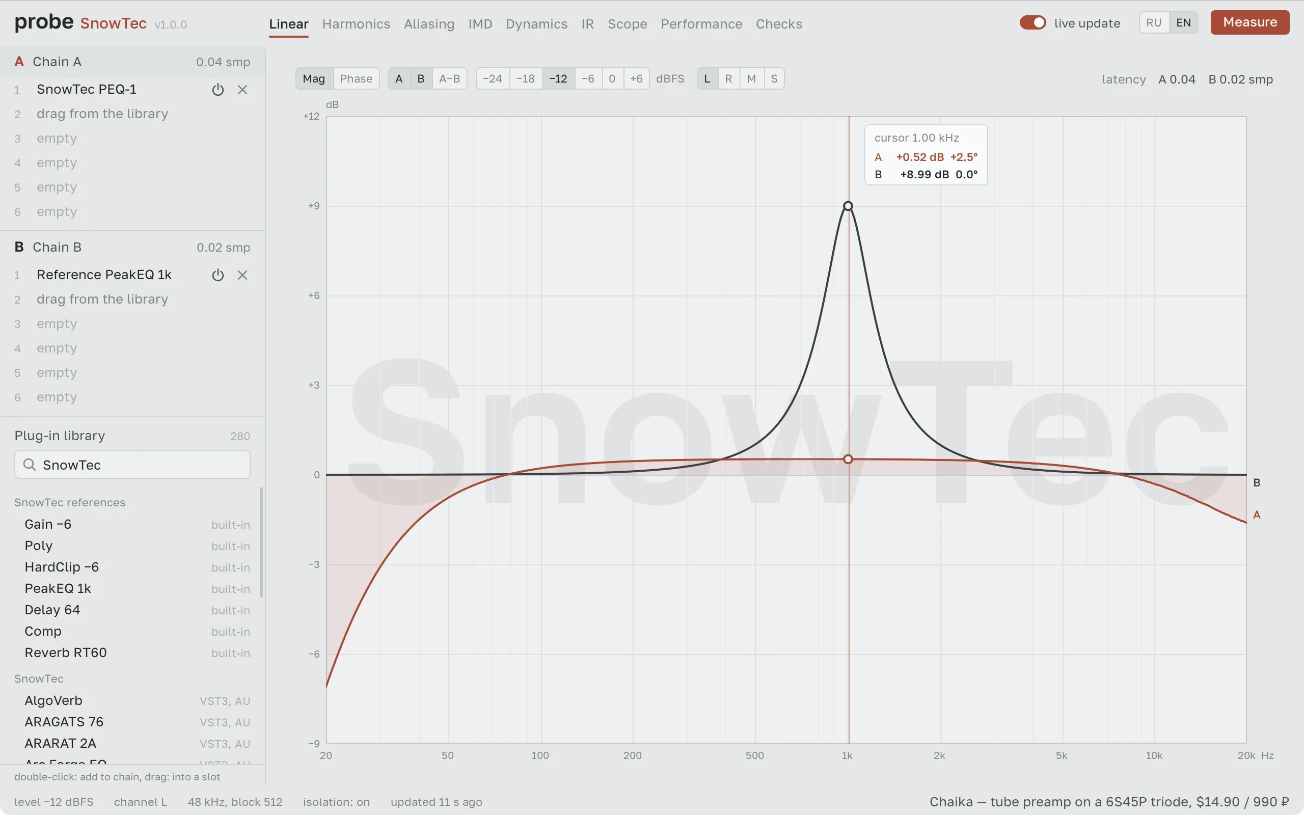 SnowTec Probe plug-in analyzer interface showing chains and frequency-response curves