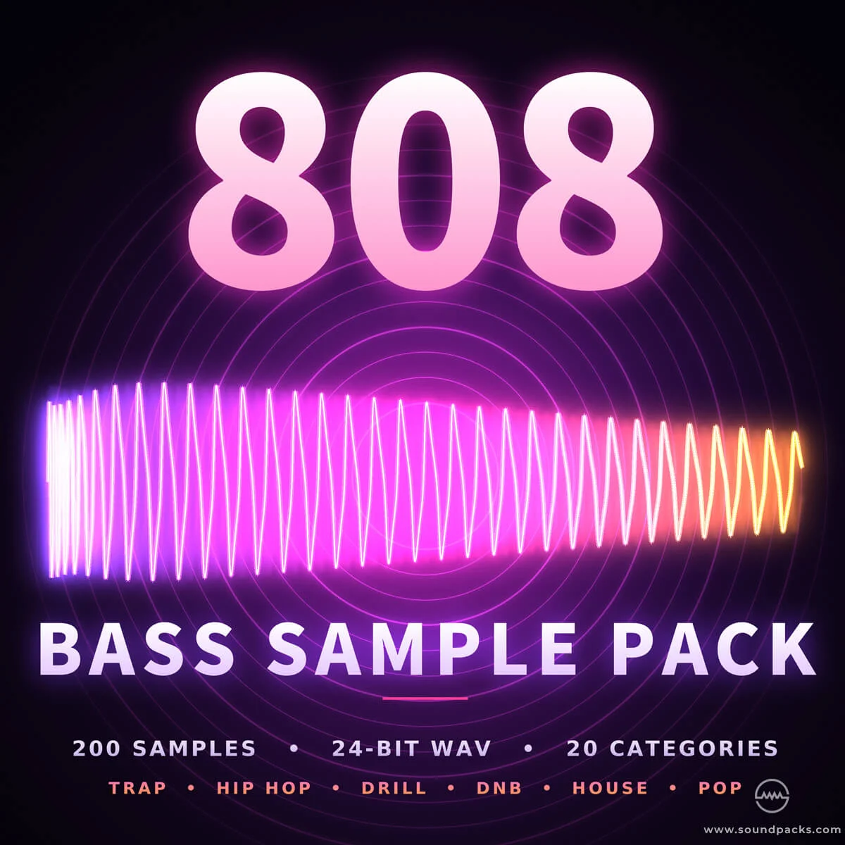 808 Bass Sample Pack artwork with pink waveform and 808 lettering