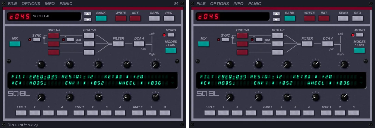 SQ8L synthesizer interface showing the original editor beside the 64-bit port