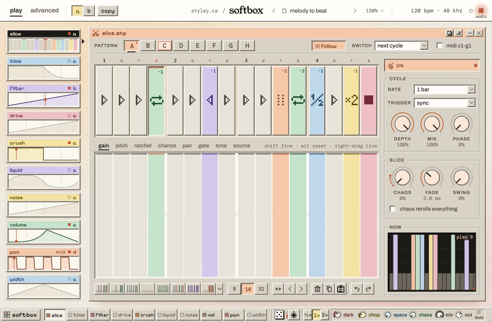 Styley Softbox Slice shaper interface with a sixteen-step glitch grid