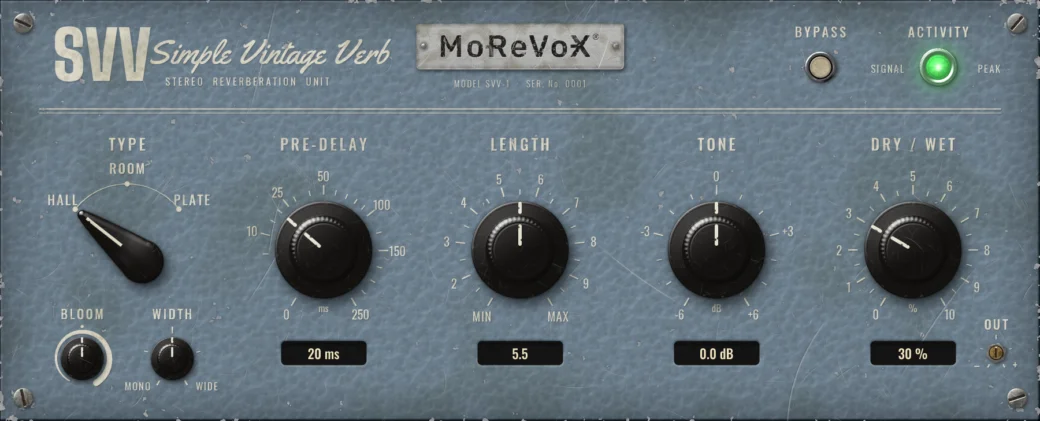 SVV Simple Vintage Verb plugin interface by MoReVoX