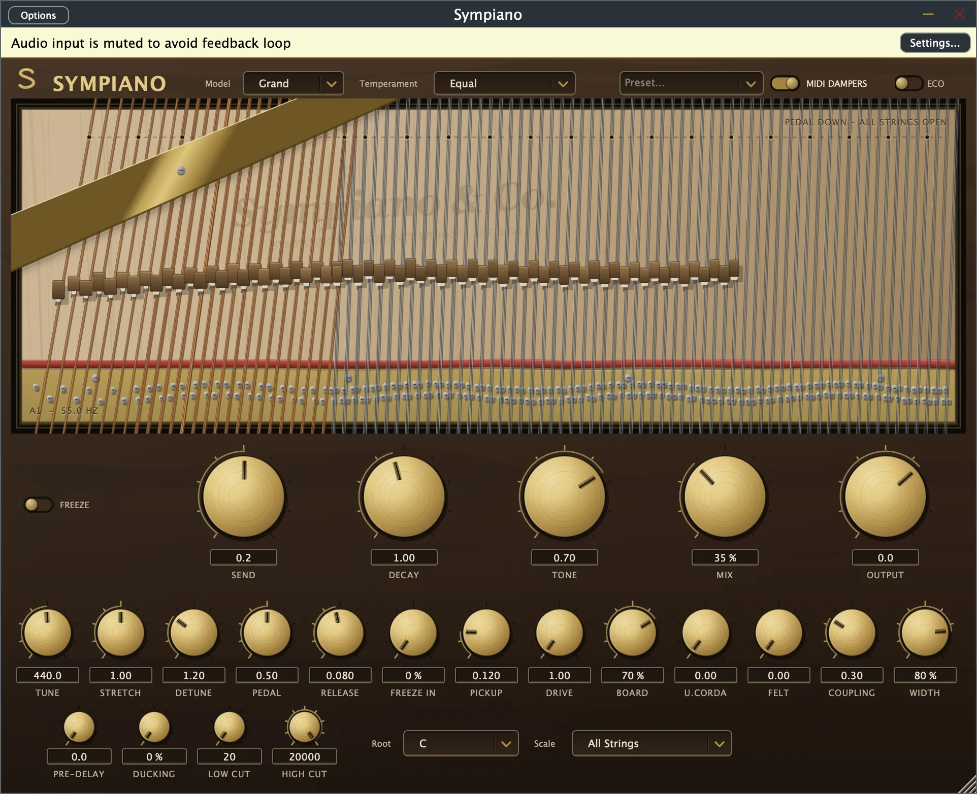 Sympiano piano-string resonance reverb plug-in interface