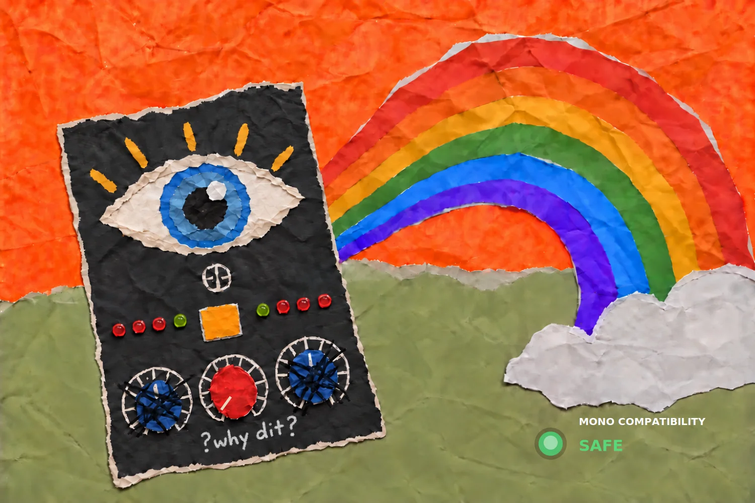 Why Dit stereo widener interface by Teroof Plugins with a rainbow collage and mono compatibility indicator