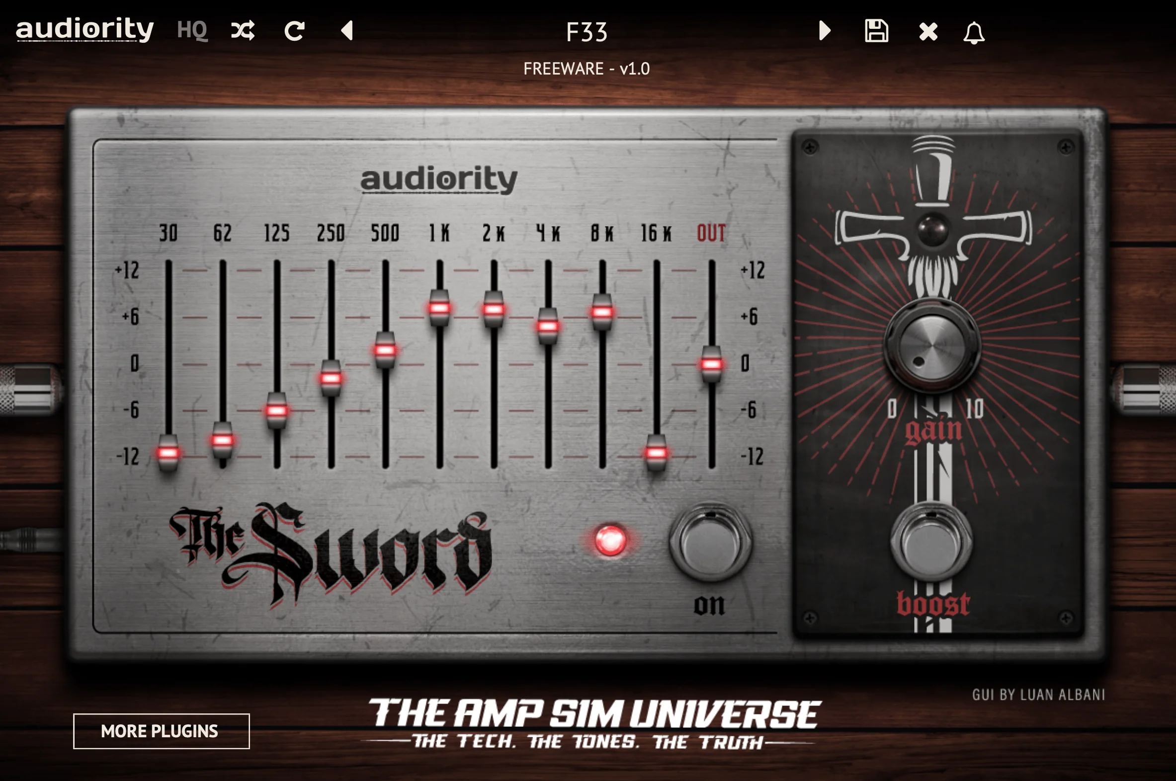 The Sword 10-band graphic EQ and clean booster interface by Audiority