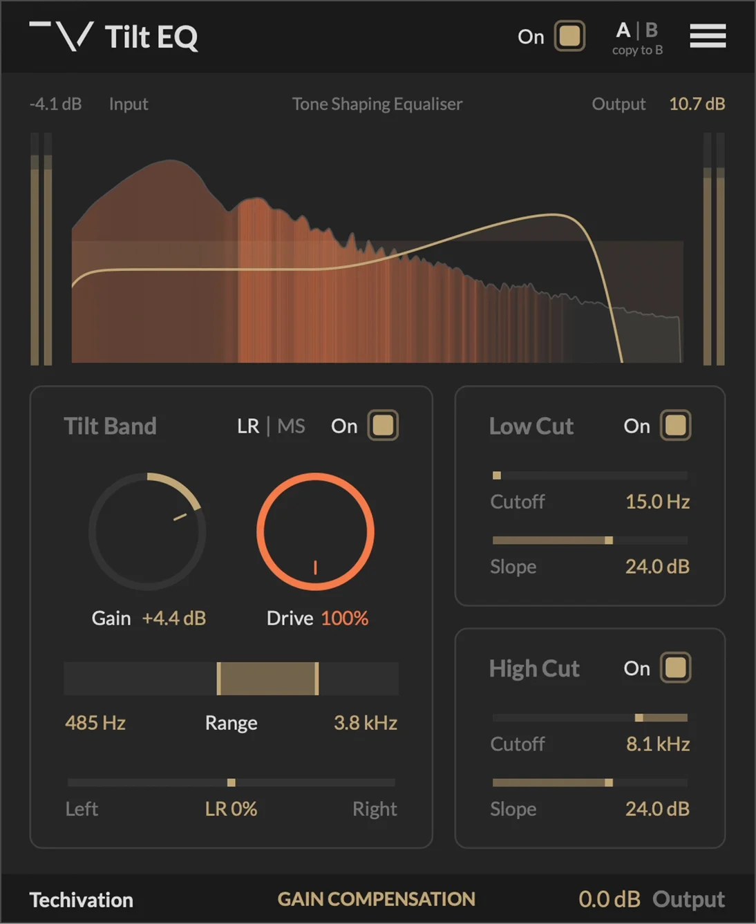 Tilt EQ plugin interface by Techivation