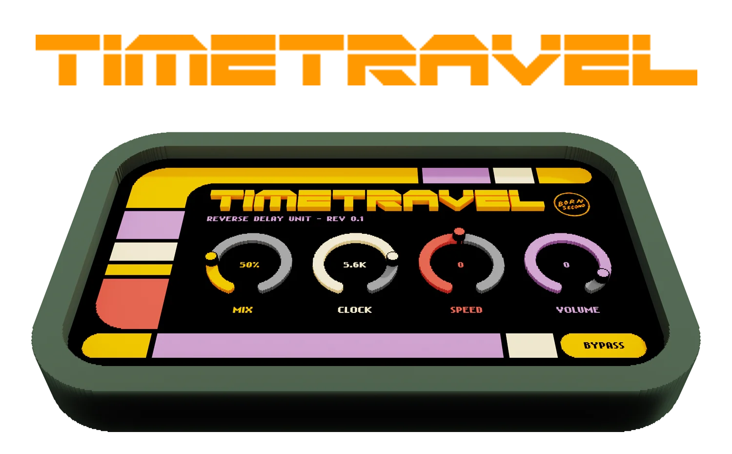 TimeTravel reverse delay interface with mix, clock, speed and volume controls