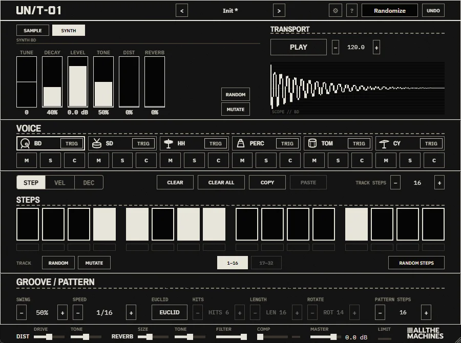 UN/T-01 drum machine interface by All The Machines
