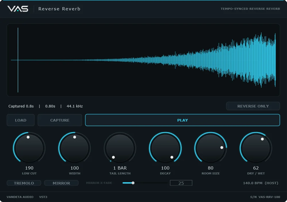 VAS Reverse Reverb plugin interface by Vandeta Audio Software
