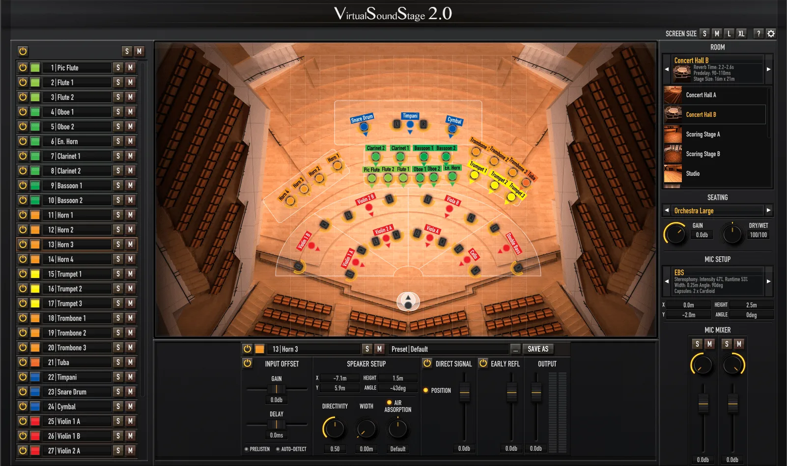 Parallax Audio Virtual Sound Stage plugin interface showing orchestral source placement
