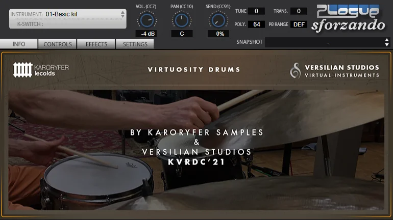 Virtuosity Drums library loaded in the Plogue Sforzando player