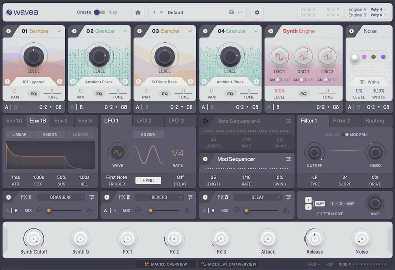 Wavea Flite plugin interface showing the hybrid sampler and synth controls