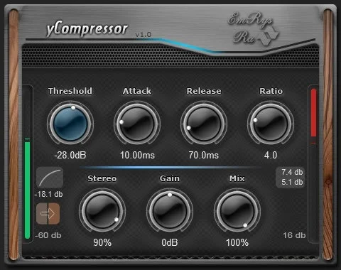 yCompressor plugin interface with threshold, ratio, attack, release, mix, and sidechain controls
