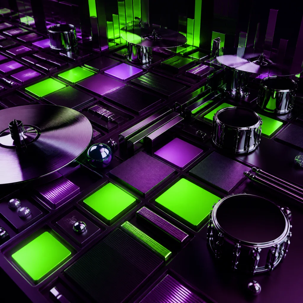 Abstract green and purple drum production artwork